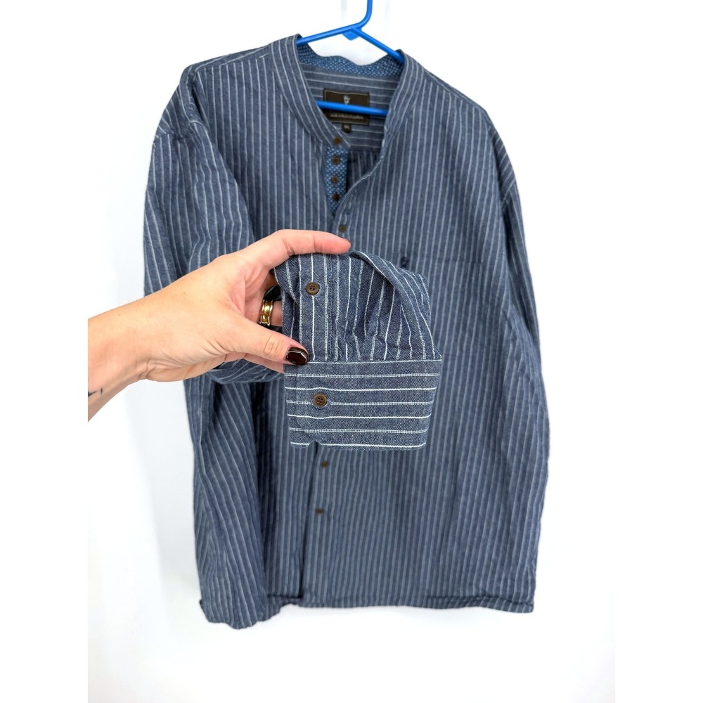 Celtic Ranchwear Mens 3XL Blue White Striped Linen Blend Grandfather Shirt - Picture 9 of 13